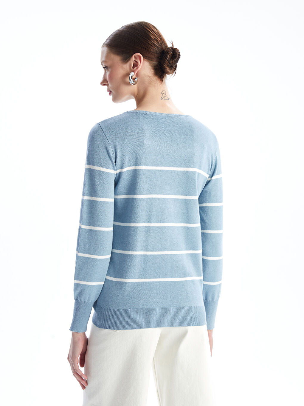 Crew Neck Striped Long Sleeve Women's Knitwear Sweater-4