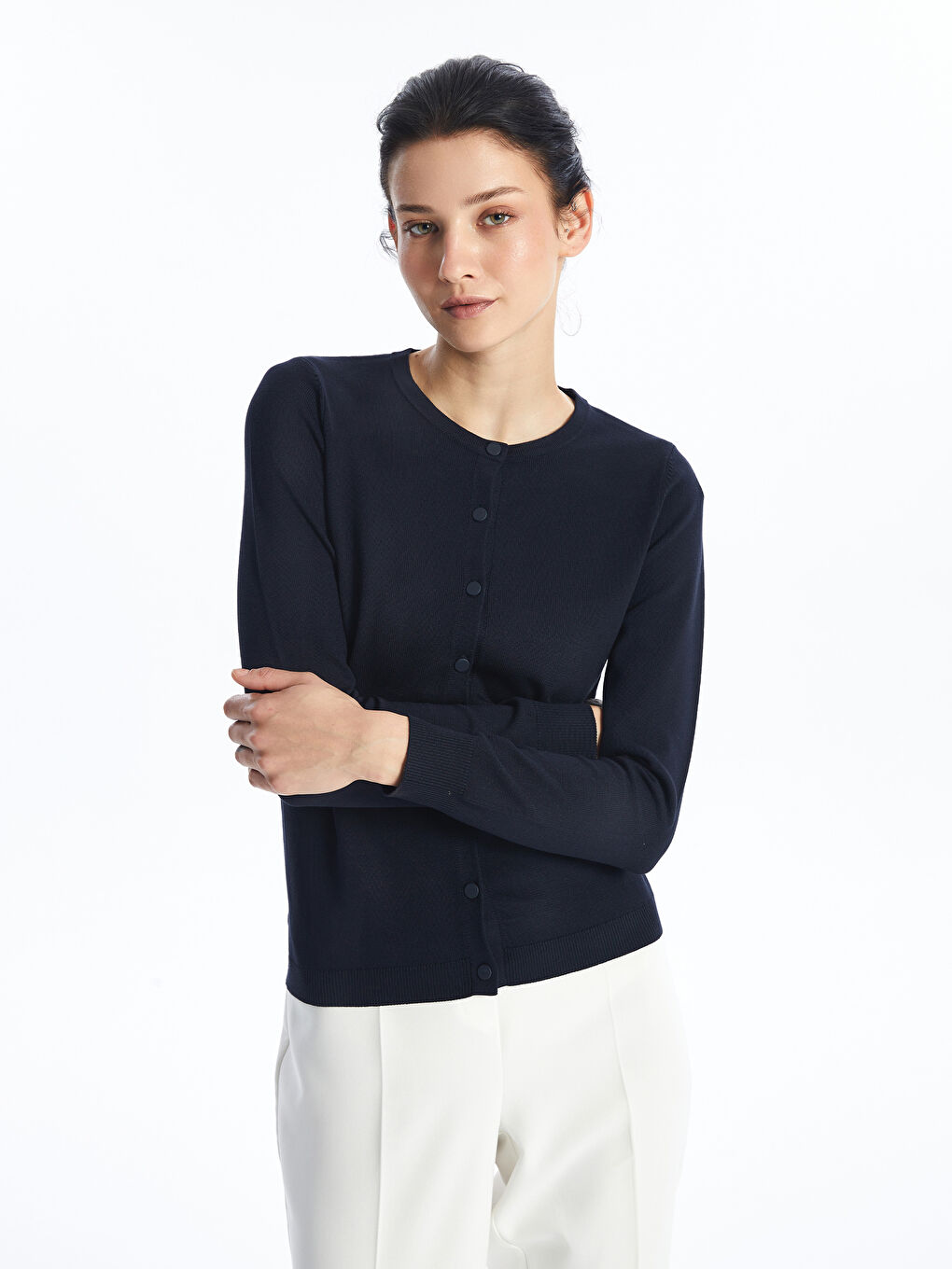 Crew Neck Plain Long Sleeve Women's Knitwear Cardigan -W46405Z8-E1J