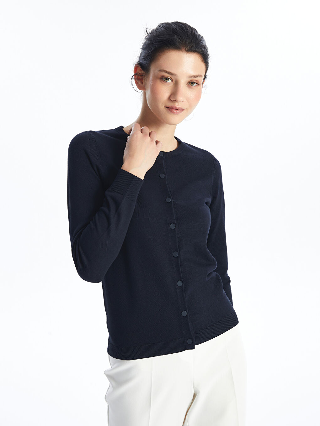 Crew Neck Plain Long Sleeve Women's Knitwear Cardigan -W46405Z8-E1J
