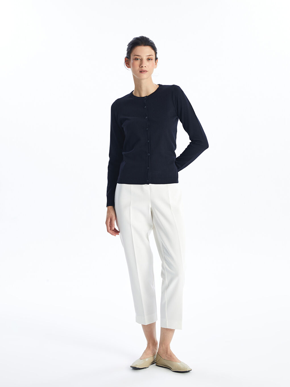 Crew Neck Plain Long Sleeve Women's Knitwear Cardigan -W46405Z8-E1J