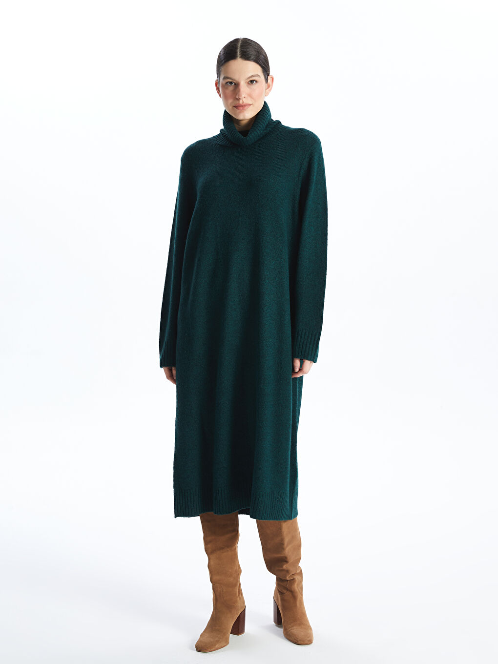 Turtleneck Plain Long Sleeve Oversize Women Knitwear Dress-1