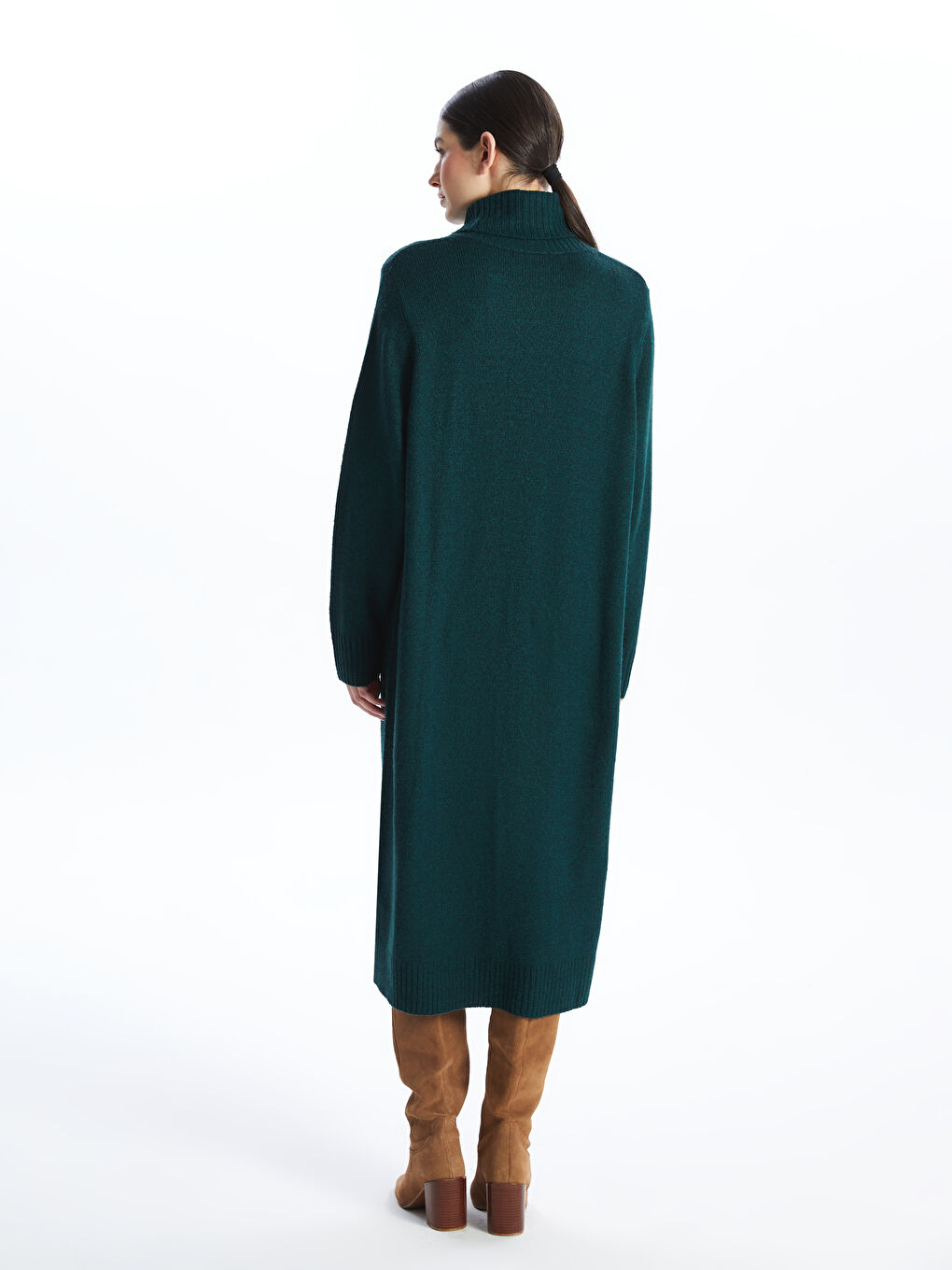 Turtleneck Plain Long Sleeve Oversize Women Knitwear Dress-4