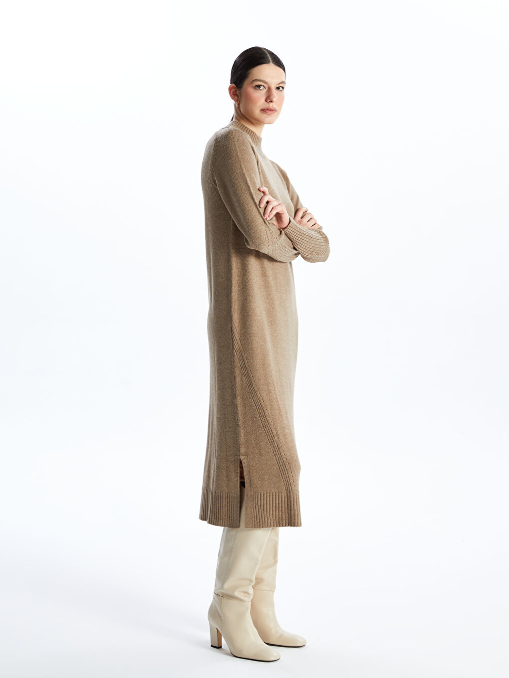 LCWAIKIKI Classic Crew Neck Plain Long Sleeve Women's Knitwear Dress -W46441Z8-D4N