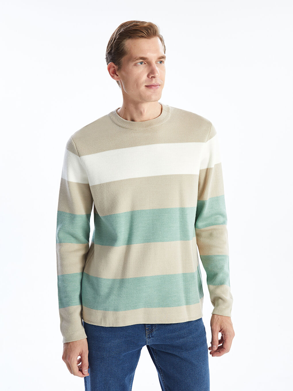 Crew Neck Long Sleeve Striped Men's Knitwear Sweater