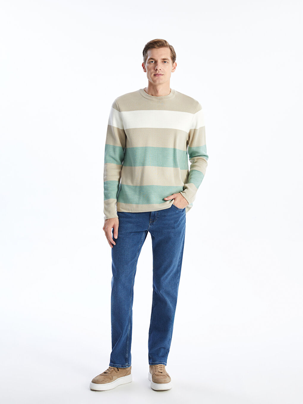 Crew Neck Long Sleeve Striped Men's Knitwear Sweater-1