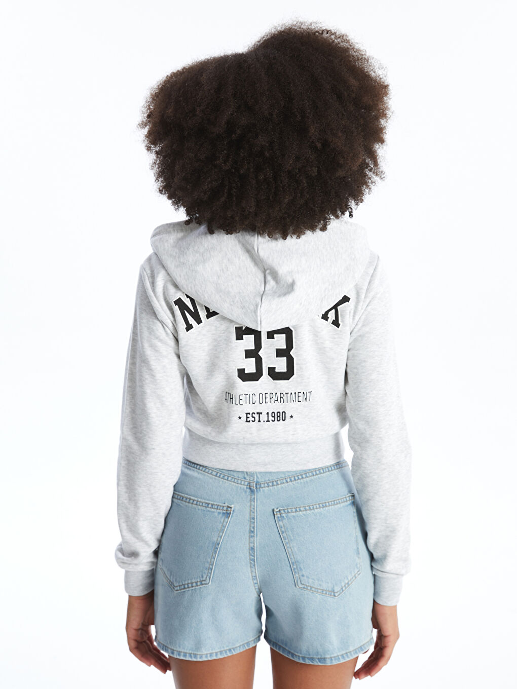 XSIDE Gri Melanj Kapüşonlu Baskılı Crop Kadın Fermuarlı Sweatshirt - 6