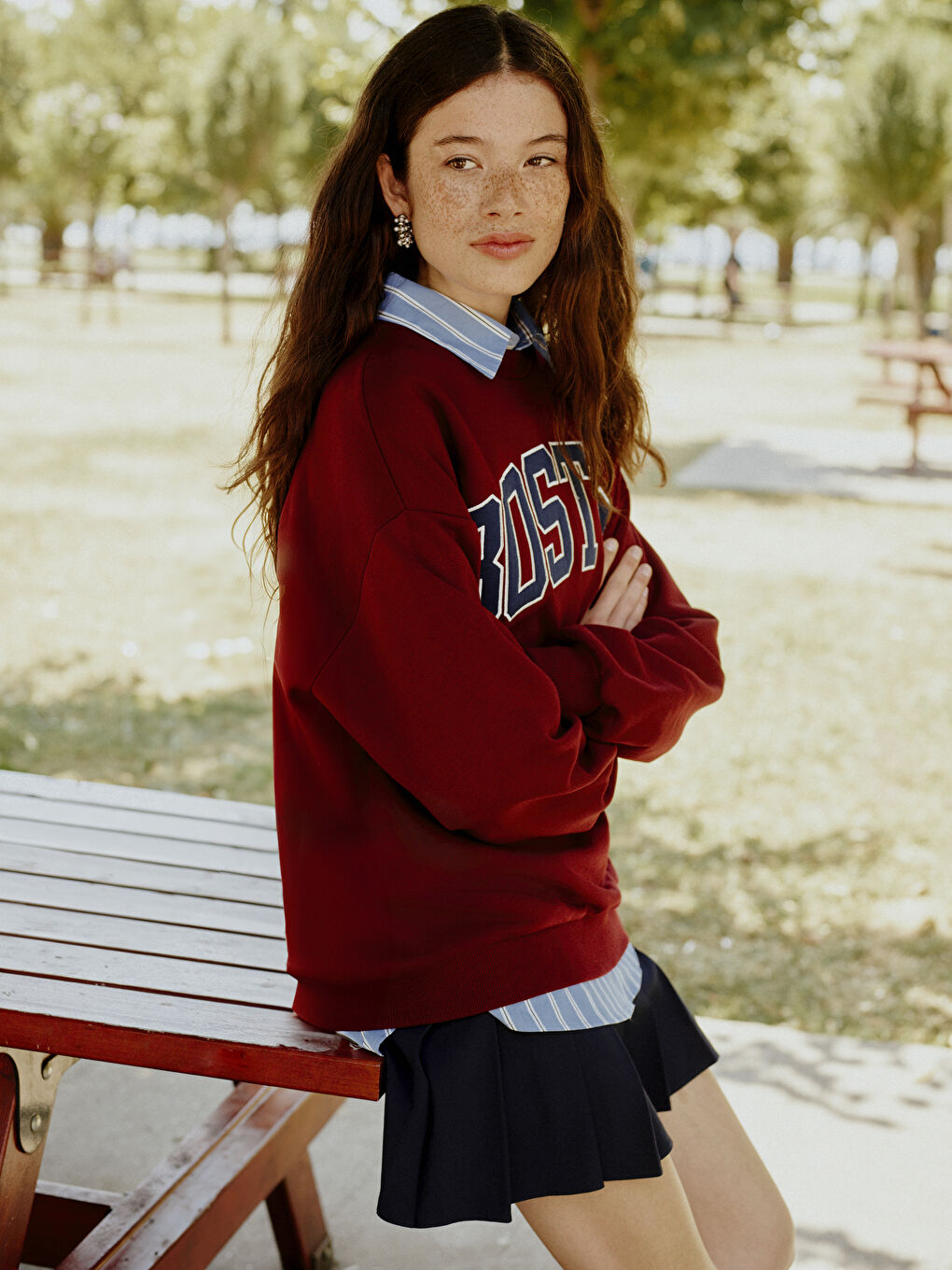 XSIDE Bordo Bisiklet Yaka Nakışlı Oversize Kadın Sweatshirt