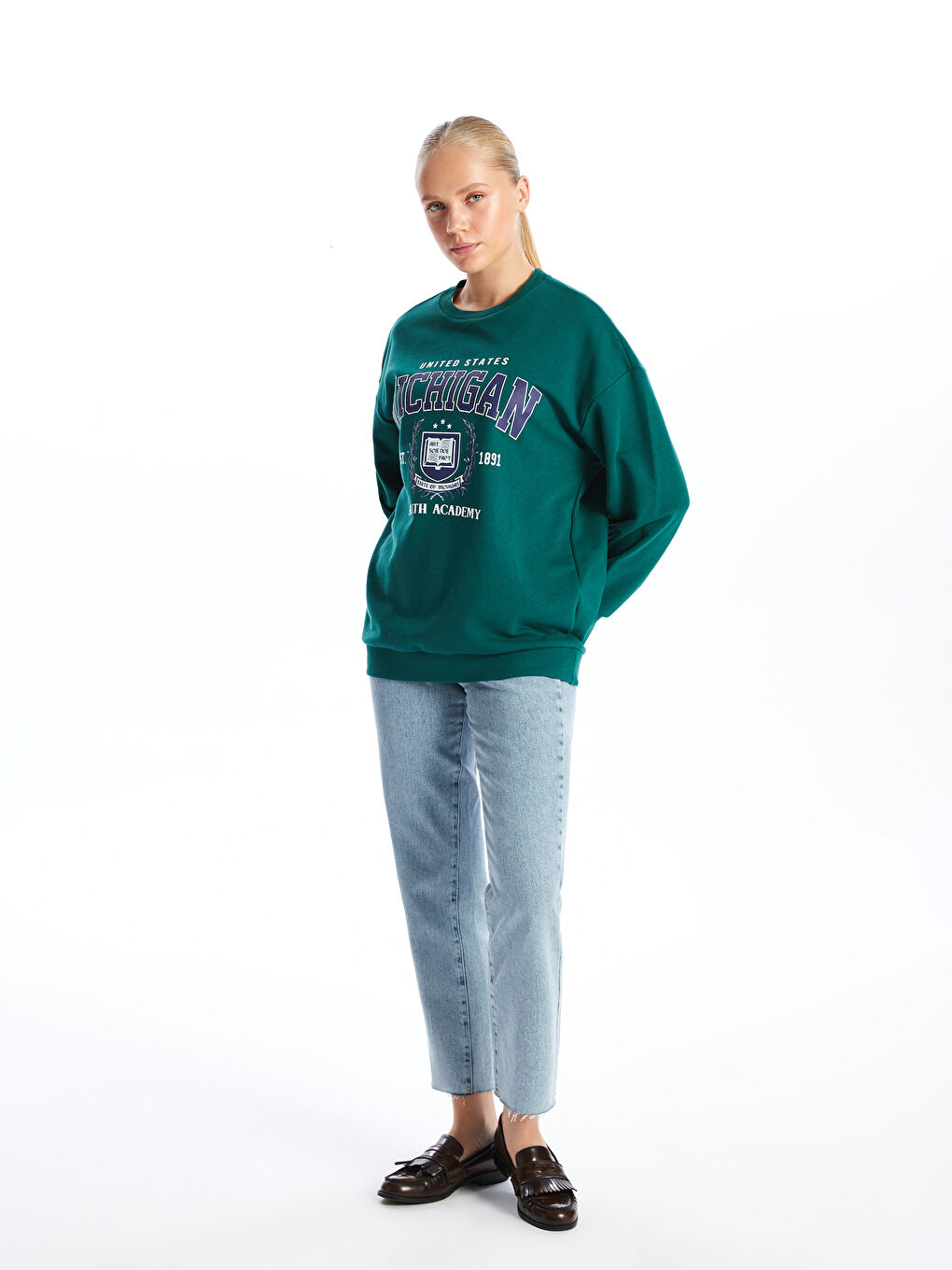 XSIDE Yeşil Bisiklet Yaka Baskılı Oversize Kadın Sweatshirt - 2