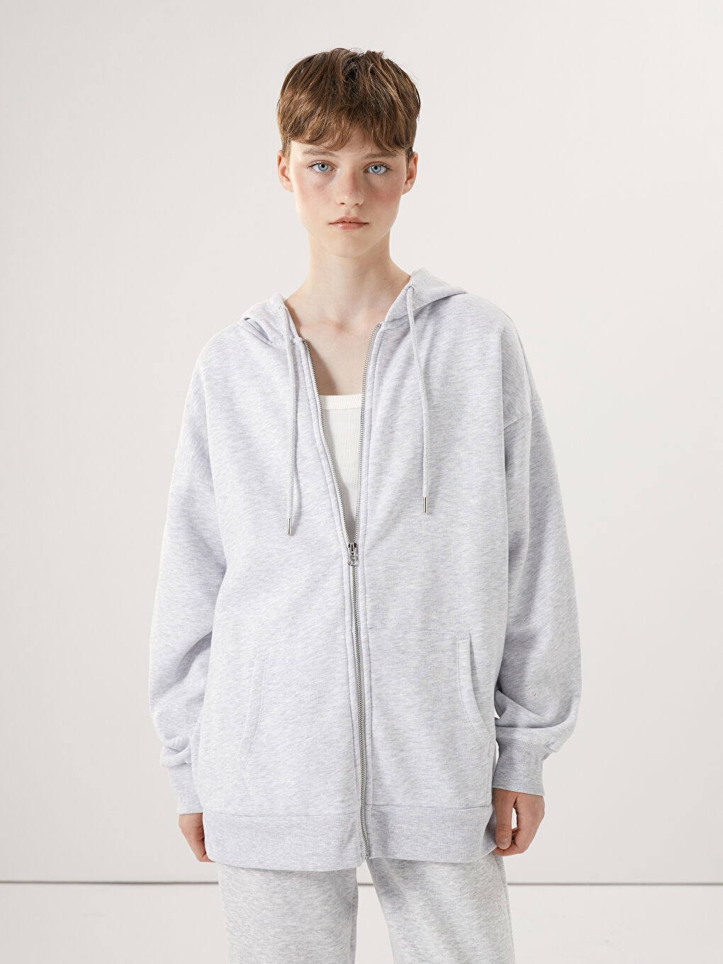 Hooded Plain Long Sleeve Oversize Women's Zipper Sweatshirt