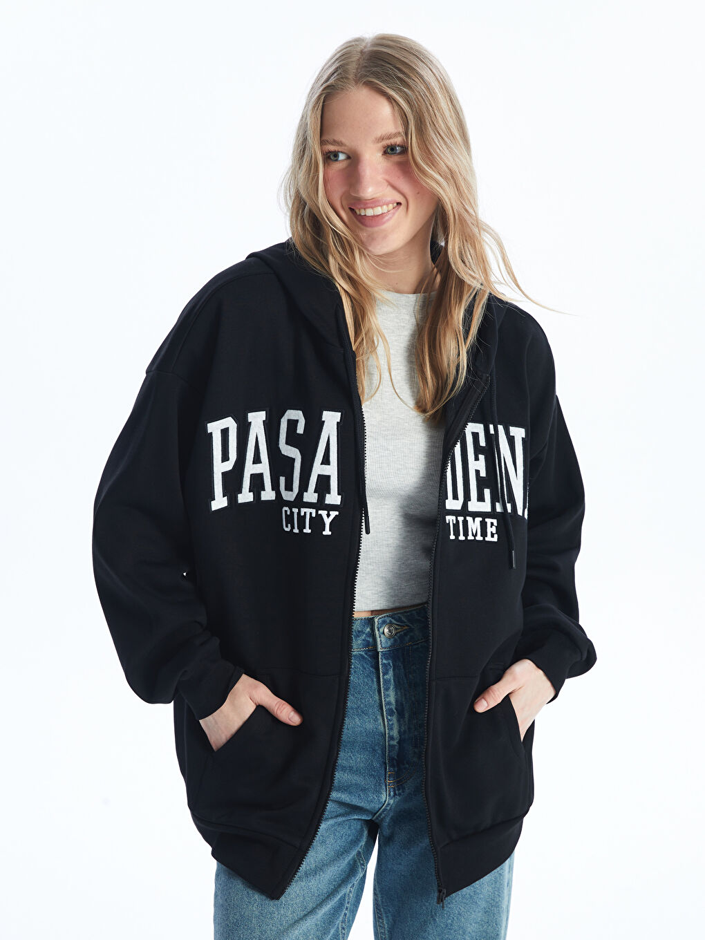 XSIDE Yeni Siyah Kapüşonlu Nakışlı Uzun Kollu Oversize Kadın Fermuarlı Sweatshirt