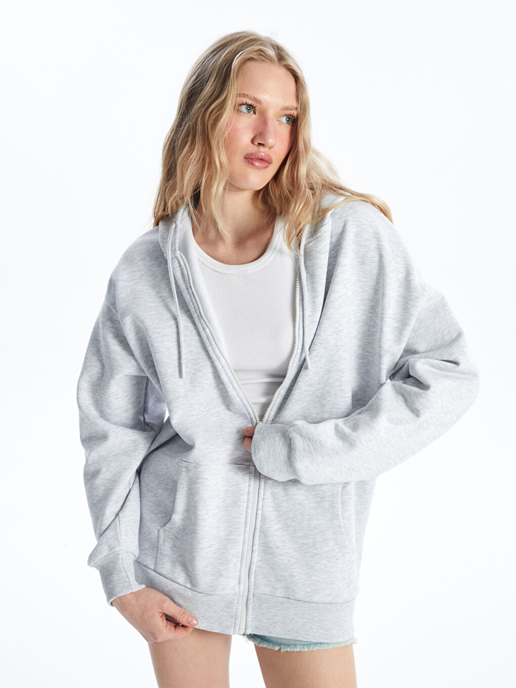 XSIDE Gri Melanj Kapüşonlu Oversize Kadın Fermuarlı Sweatshirt