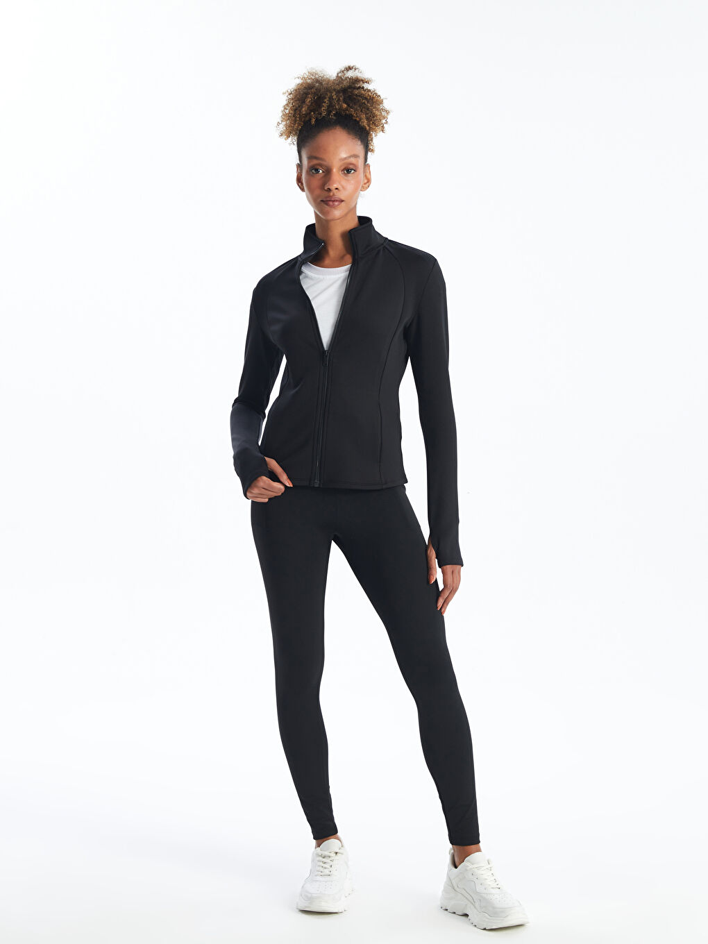 Funnel Neck Plain Long Sleeve Women's Zip-Up Sweatshirt-1
