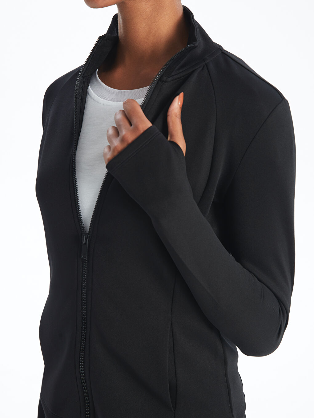 Funnel Neck Plain Long Sleeve Women's Zip-Up Sweatshirt-2