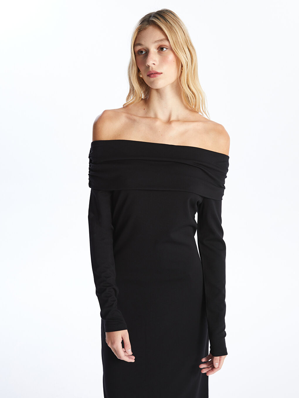 Strapless Neck Plain Long Sleeve Women's Dress-2