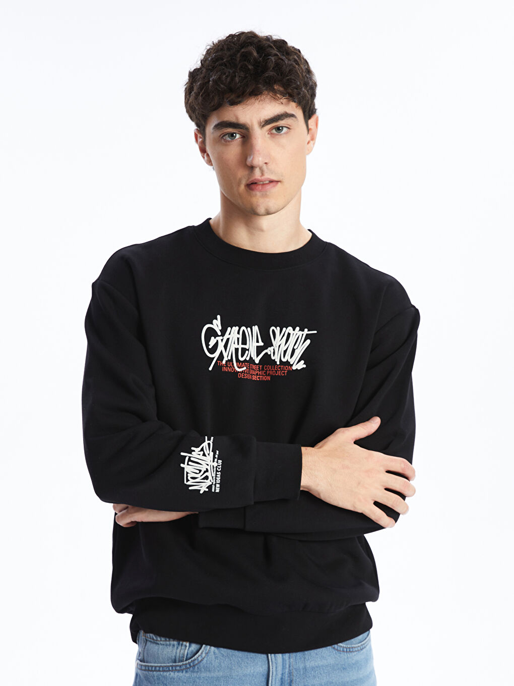 XSIDE Siyah Bisiklet Yaka Uzun Kollu Baskılı Erkek Kalın Sweatshirt