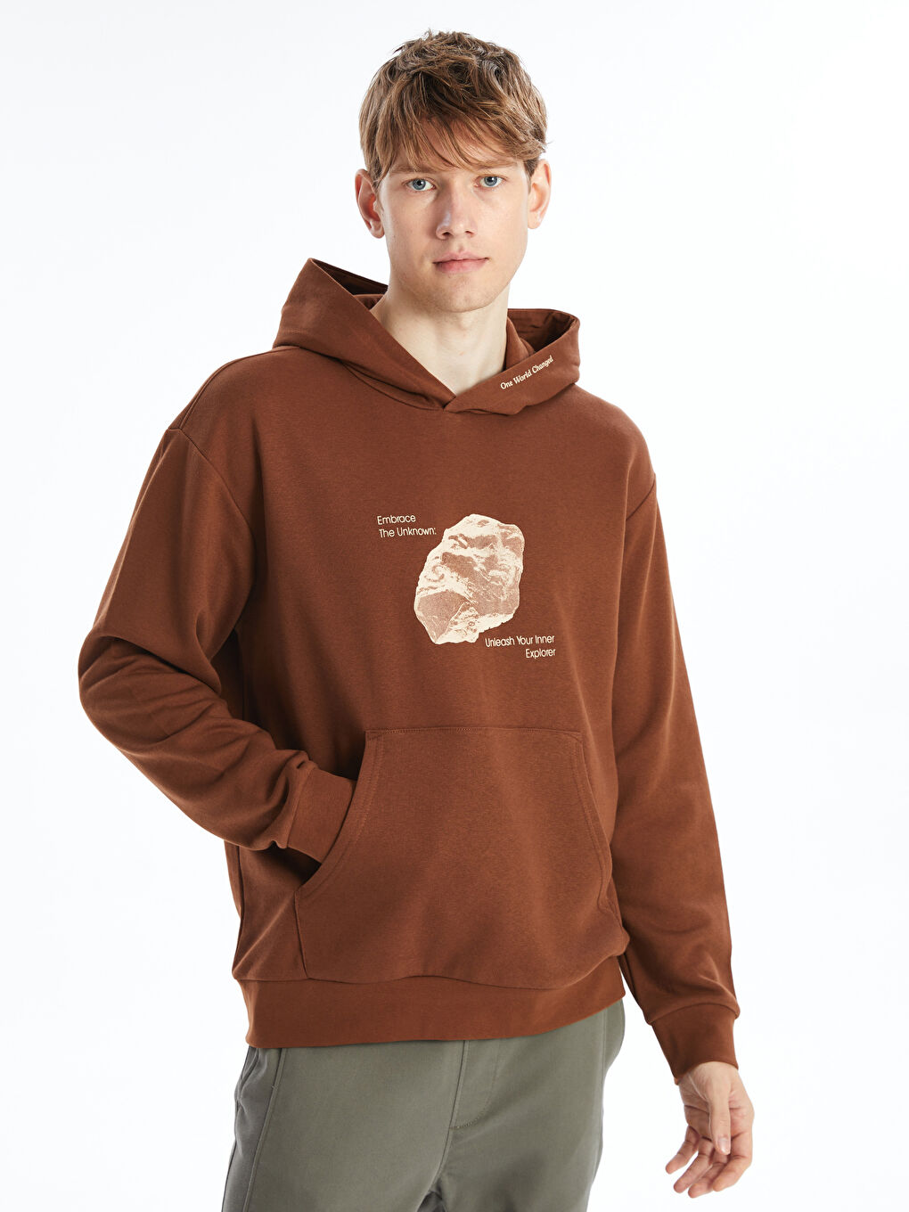 XSIDE Kahverengi Uzun Kollu Baskılı Erkek Kalın Hoodie