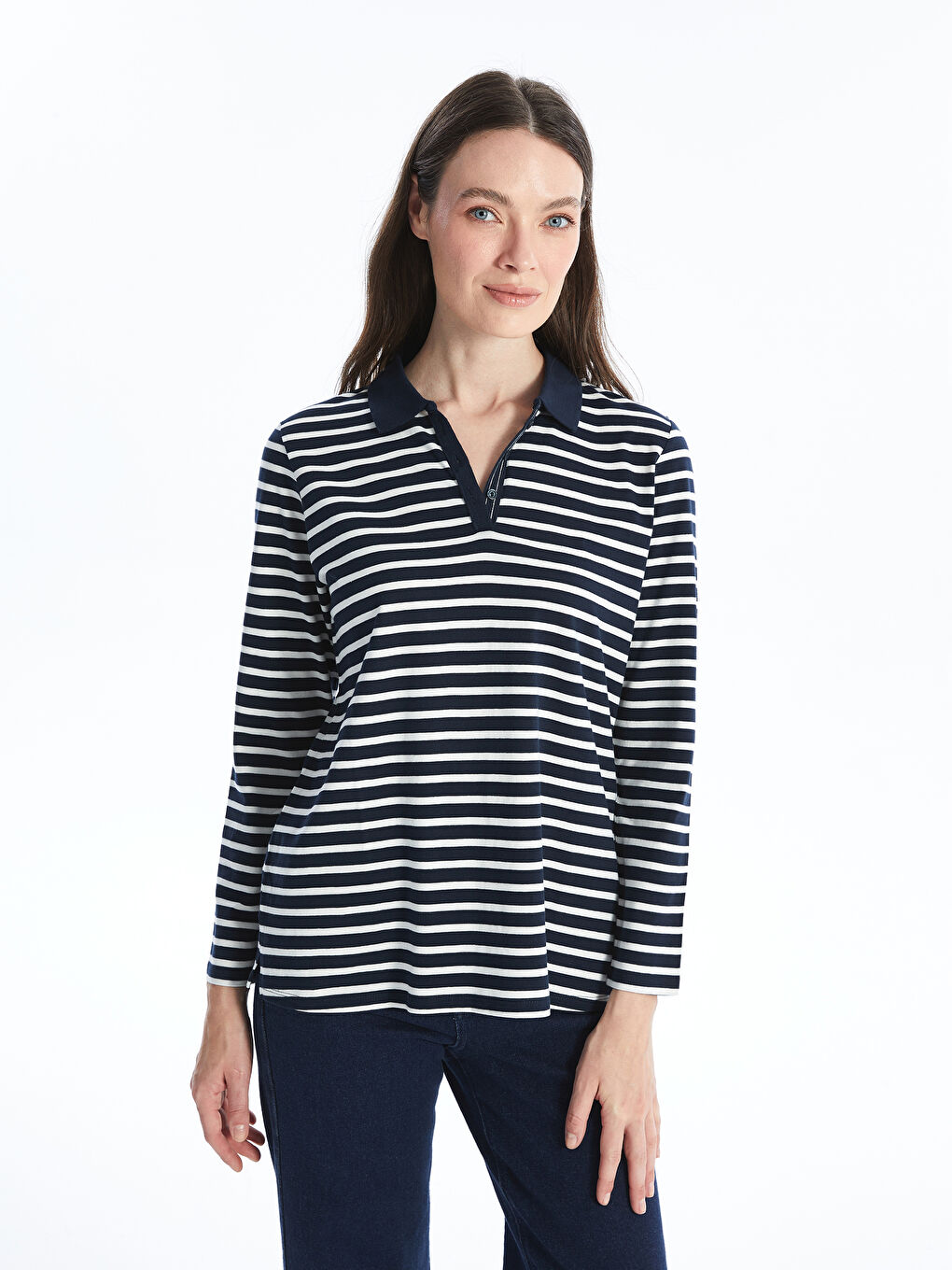LCW Grace Polo Neck Striped Long Sleeve Women's T-Shirt -W46903Z8-LGS