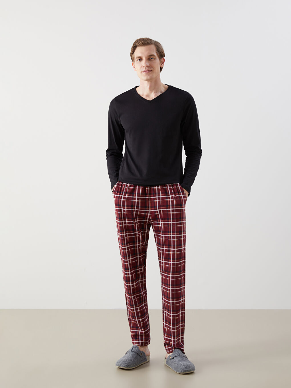 Bordo Standart Kalıp Ekose Erkek Pijama Alt