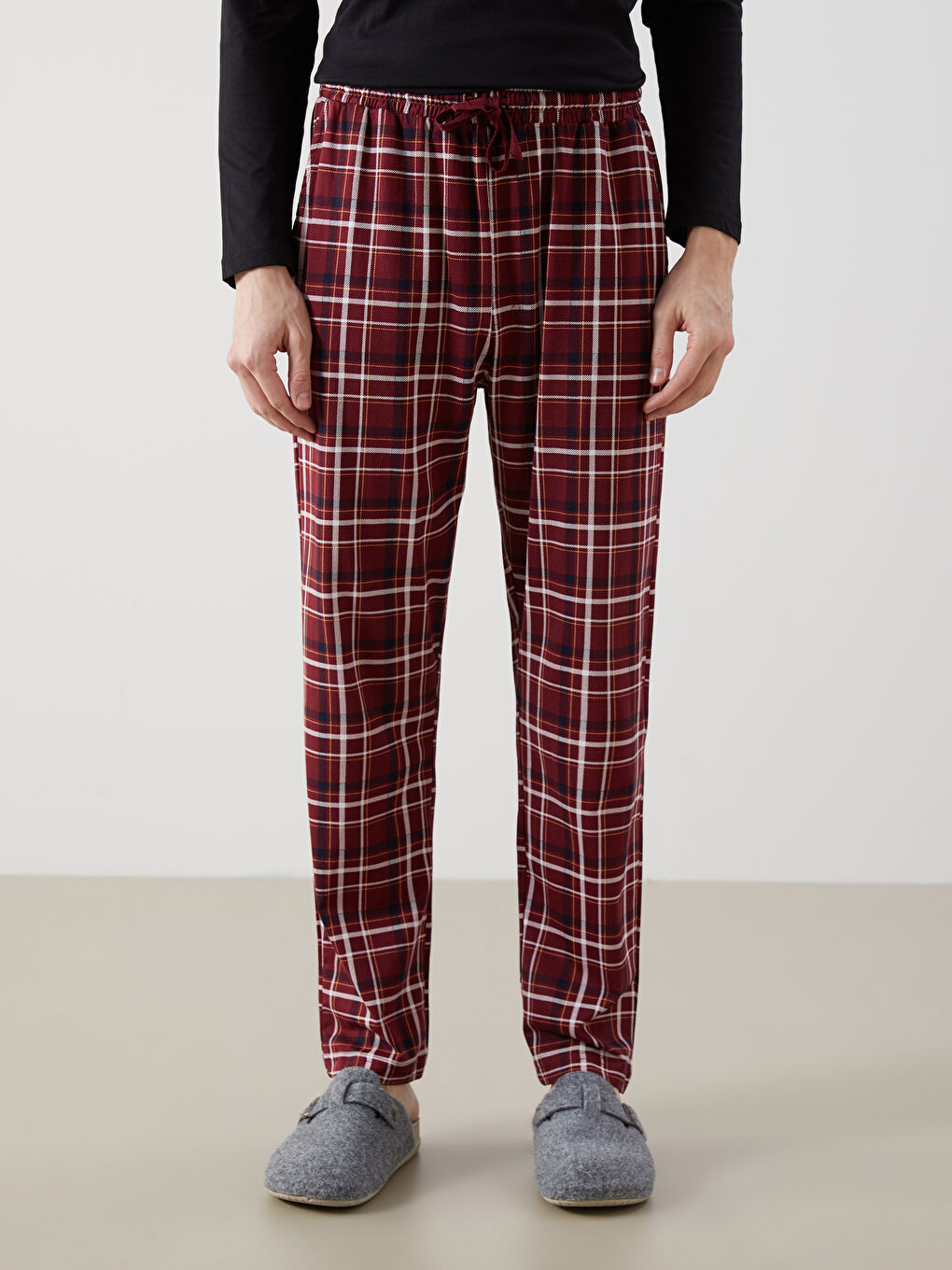 Bordo Standart Kalıp Ekose Erkek Pijama Alt-1