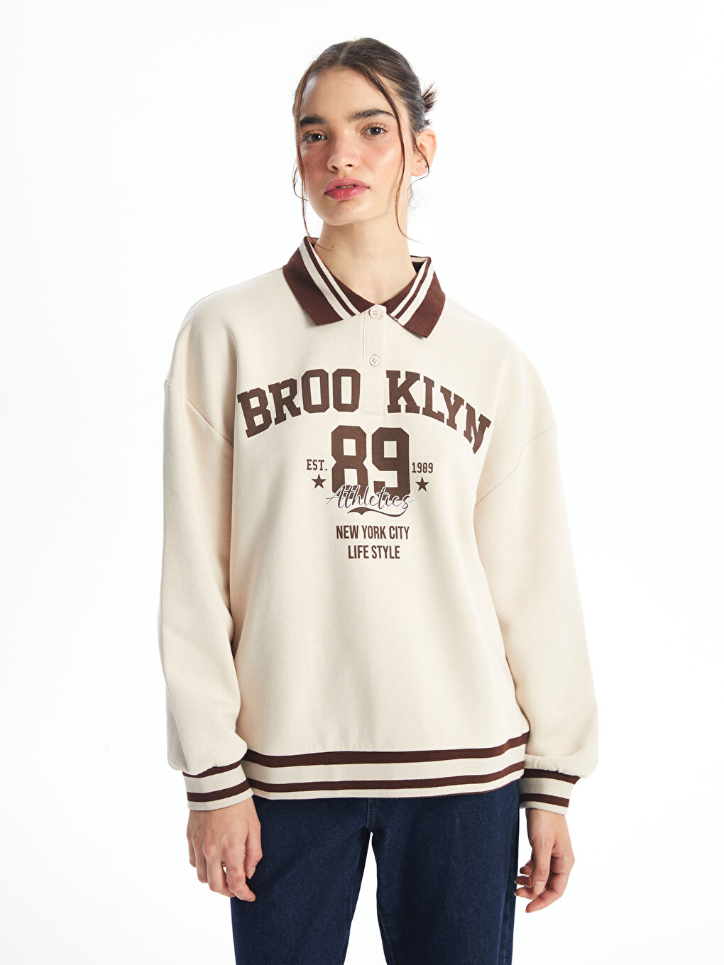 XSIDE Açık Bej Polo Yaka Baskılı Kadın Sweatshirt