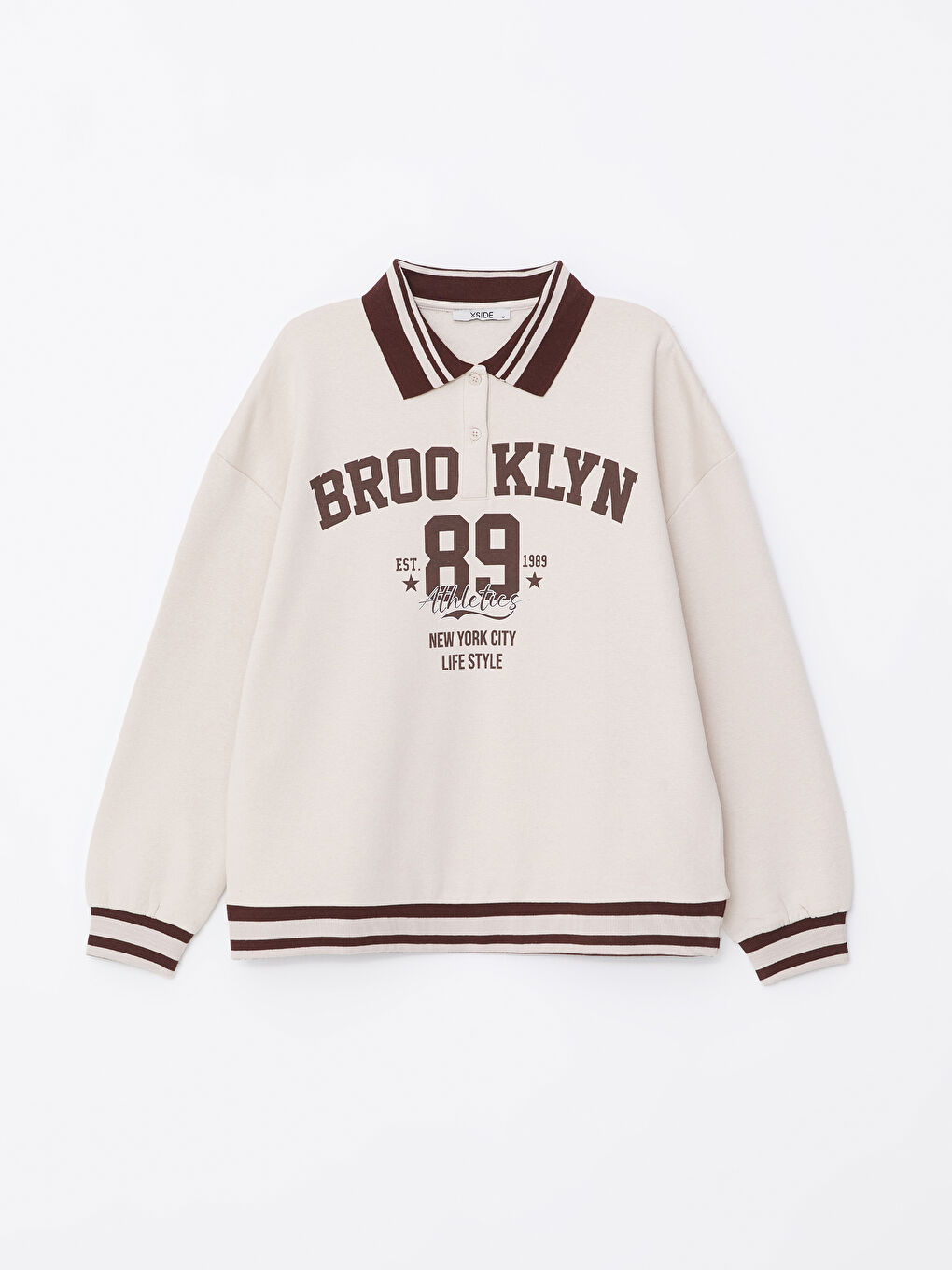 XSIDE Açık Bej Polo Yaka Baskılı Kadın Sweatshirt - 4