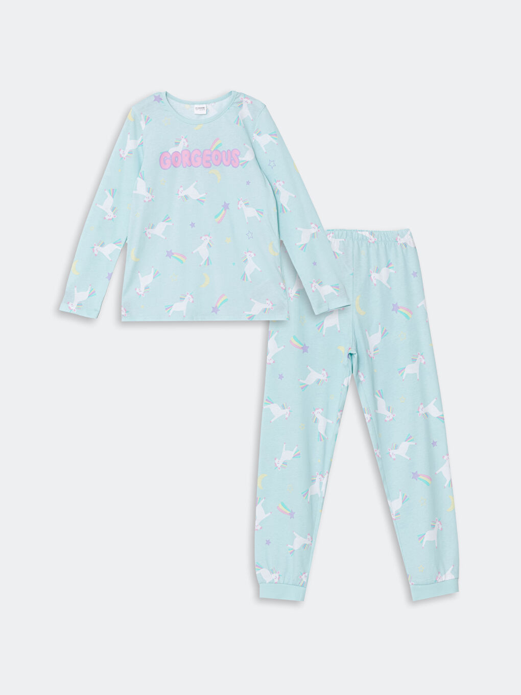 LCW Kids Pastel Mavi Baskılı Bisiklet Yaka Kız Çocuk Pijama Takım