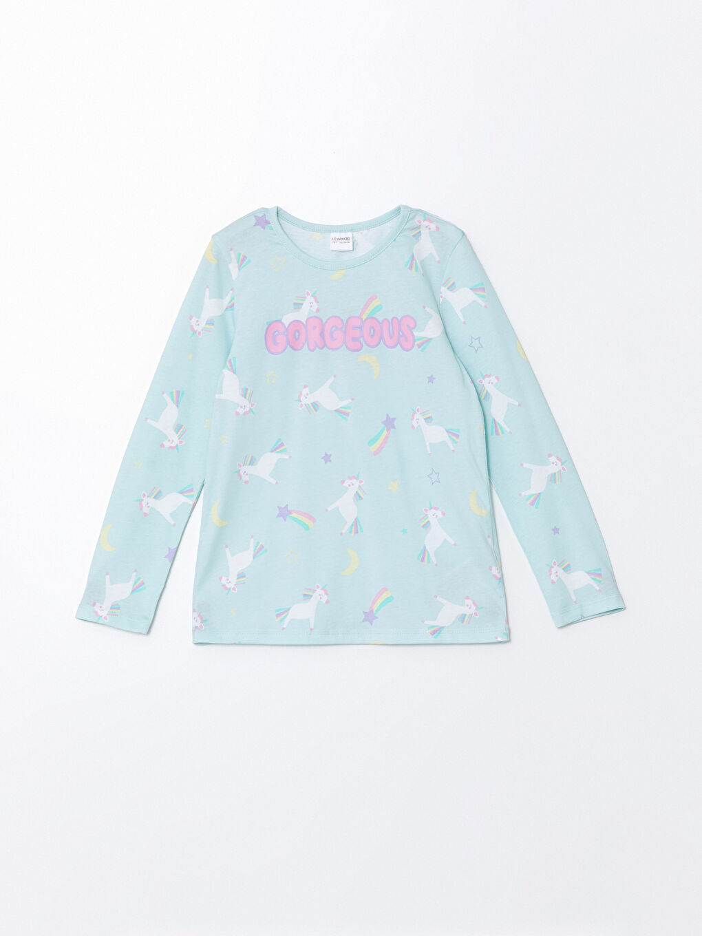 LCW Kids Pastel Mavi Baskılı Bisiklet Yaka Kız Çocuk Pijama Takım - 1