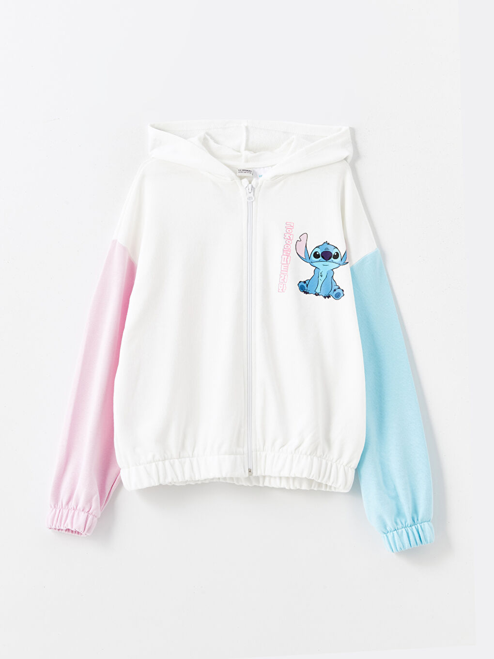 LCW Kids Ekru Kapüşonlu Stitch Baskılı Kız Çocuk Fermuarlı Sweatshirt