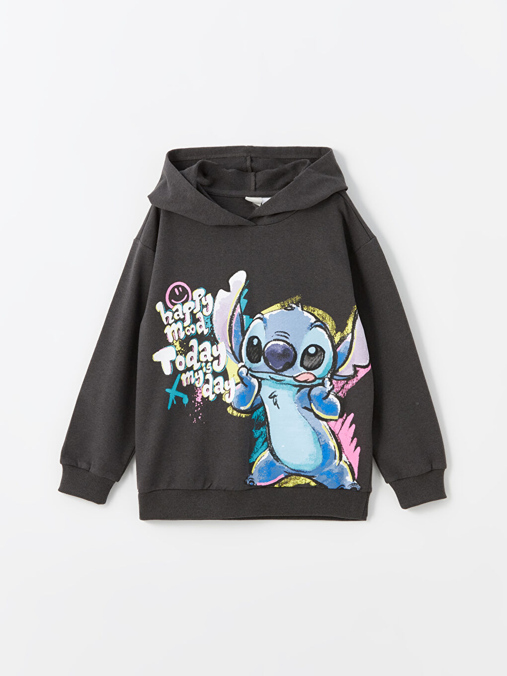 LCW Kids Koyu Gri Kapüşonlu Lilo ve Stitch Baskılı Uzun Kollu Kız Çocuk Sweatshirt