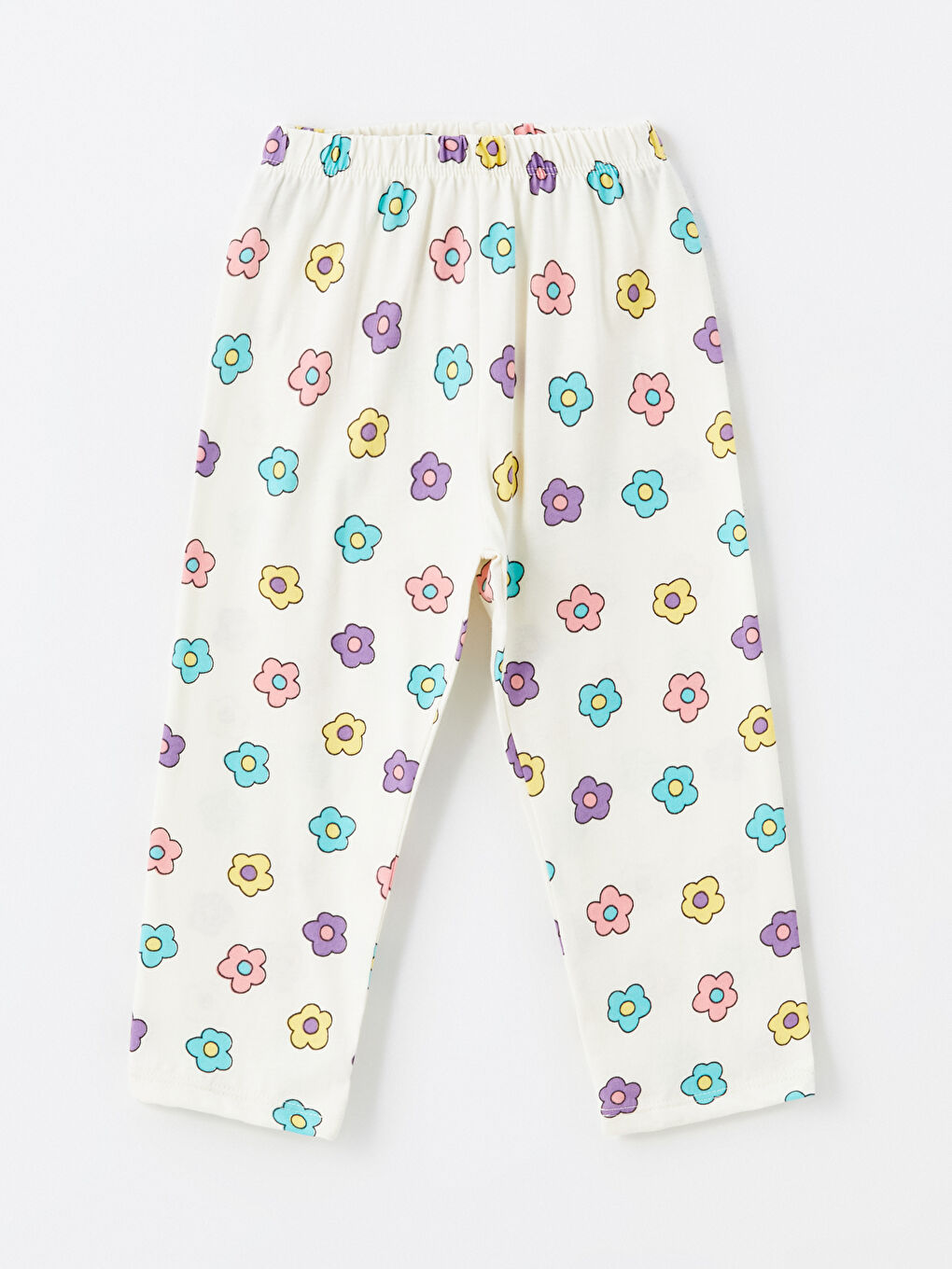 Ekru Beli Lastikli Çiçekli Kız Bebek Pijama Alt