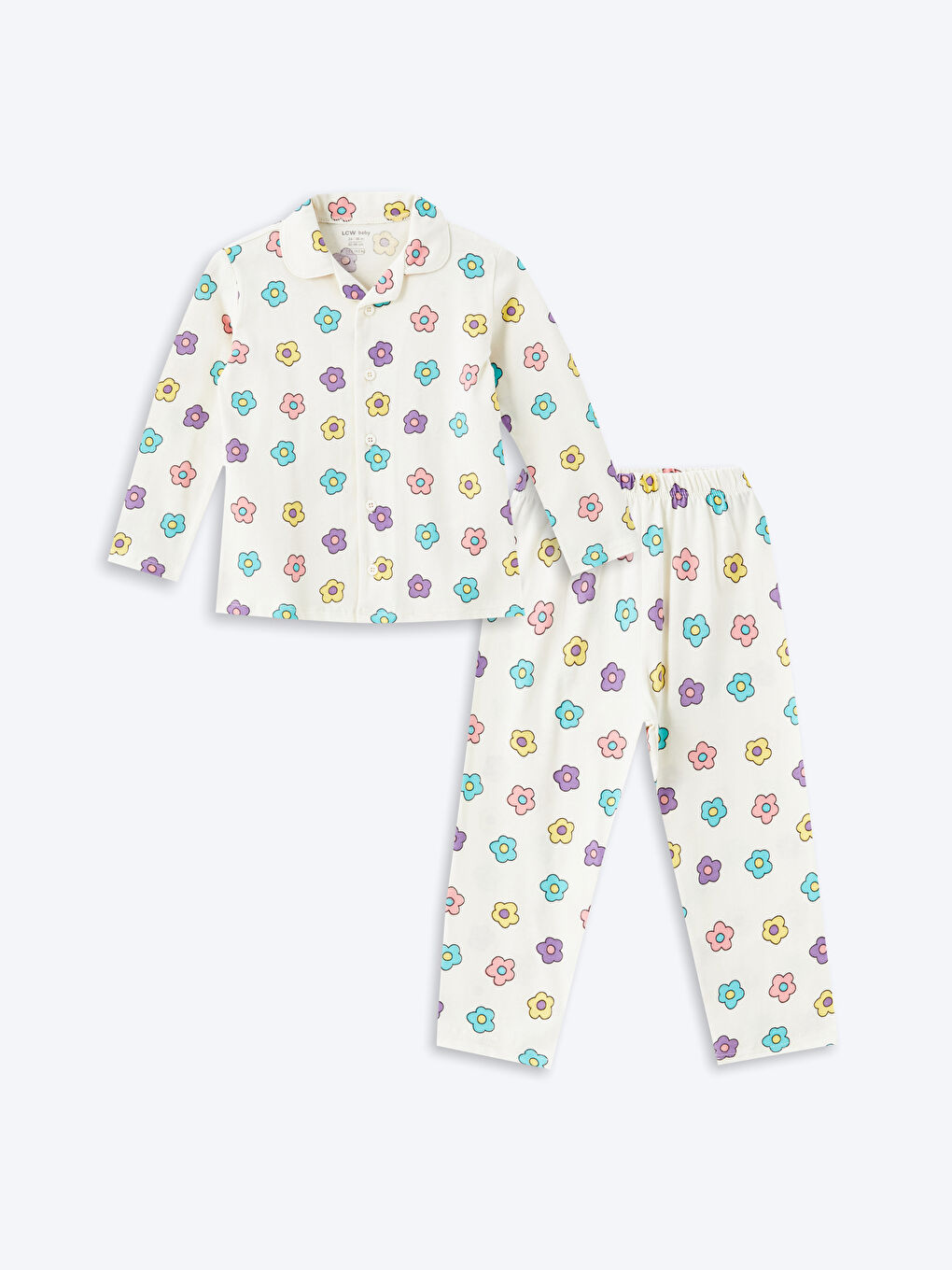 LCW baby Ekru Polo Yaka Kısa Kollu Çiçekli Kız Bebek Pijama Takım