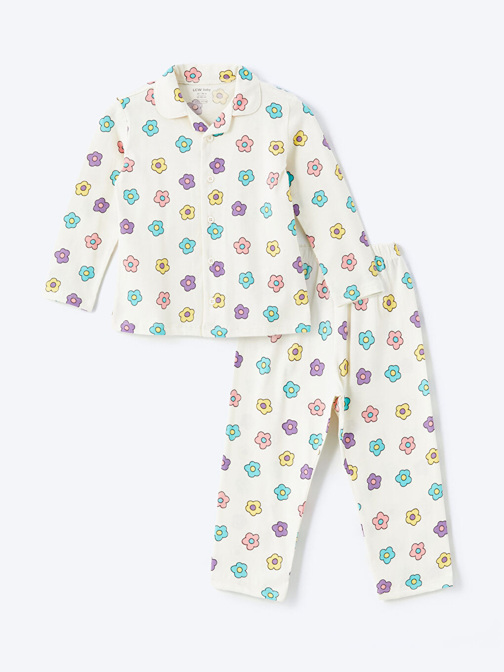 LCW baby Ekru Polo Yaka Çiçekli Kız Bebek Pijama Takım