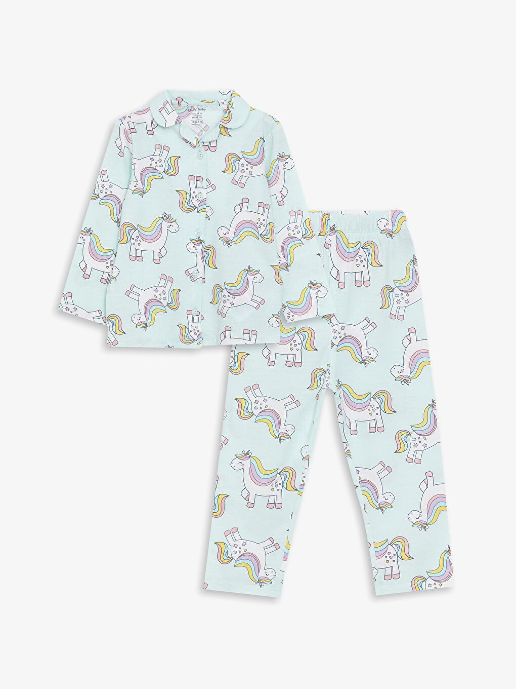 LCW baby Nane Yeşili Baskılı Polo Yaka Uzun Kollu Baskılı Kız Bebek Pijama Takım