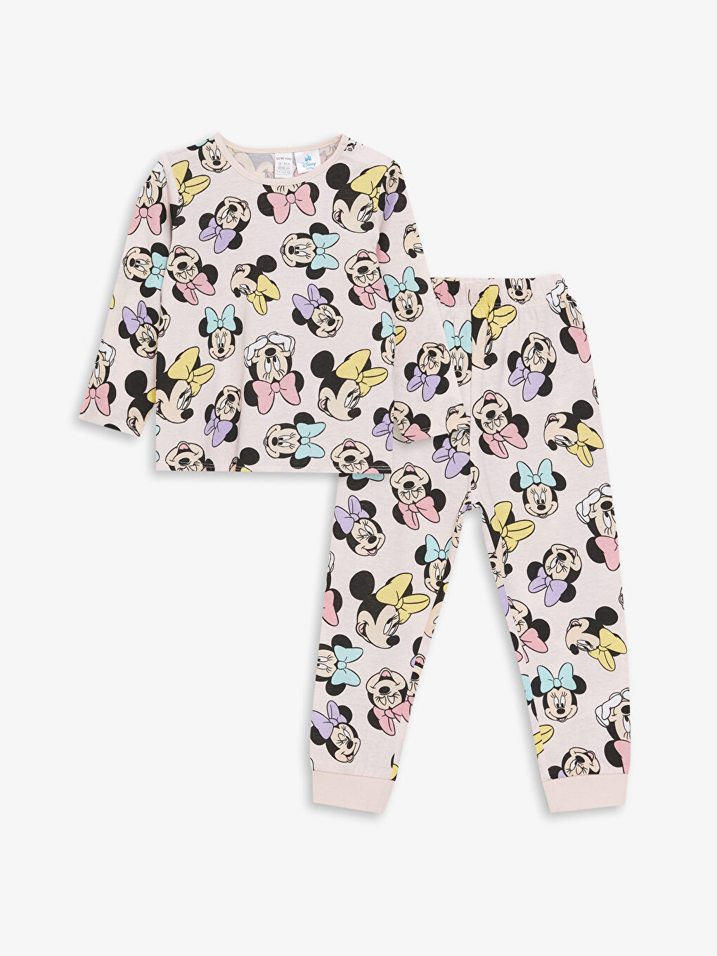 LCW baby Açık Pembe Baskılı Bisiklet Yaka Uzun Kollu Minnie Mouse Baskılı Kız Bebek Pijama Takımı