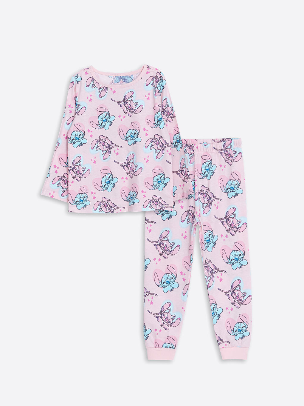 LCW baby Açık Pembe Baskılı Bisiklet Yaka Uzun Kollu Lilo & Stitch Baskılı Kız Bebek Pijama Takım