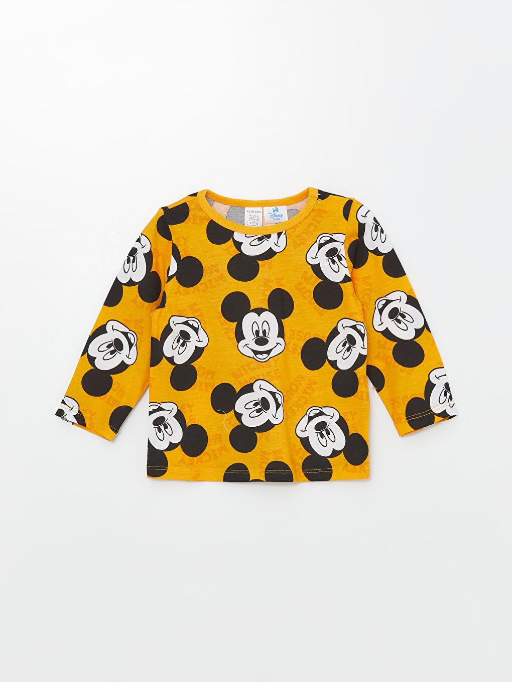 LCW baby Açık Sarı Baskılı Bisiklet Yaka Uzun Kollu Mickey Mouse Baskılı Erkek Bebek Pijama Üst