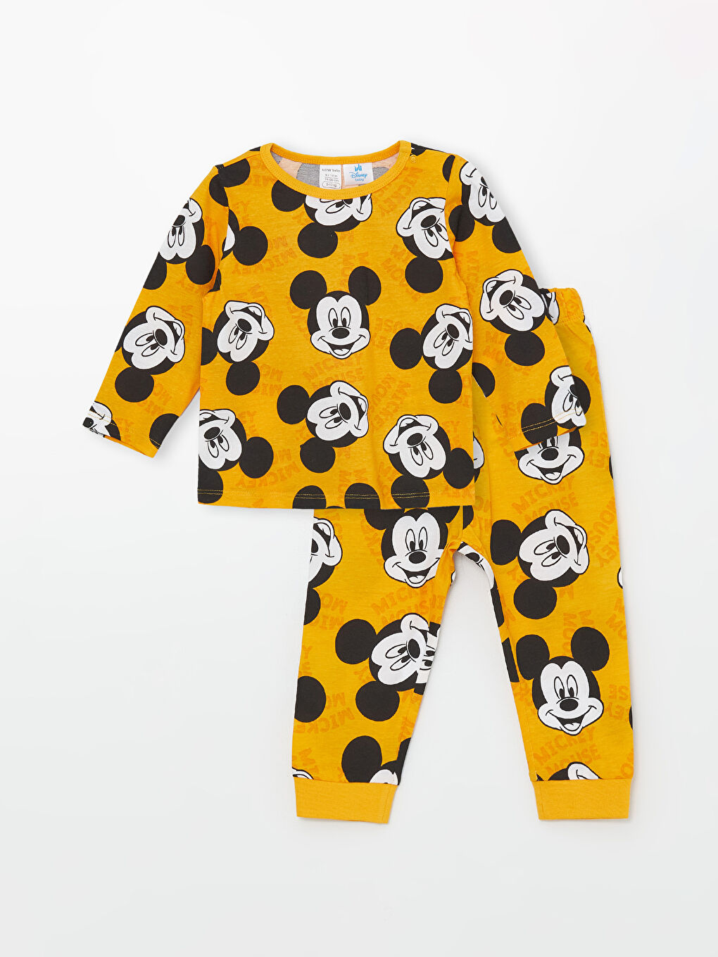 LCW baby Açık Sarı Baskılı Bisiklet Yaka Uzun Kollu Mickey Mouse Baskılı Erkek Bebek Pijama Takımı