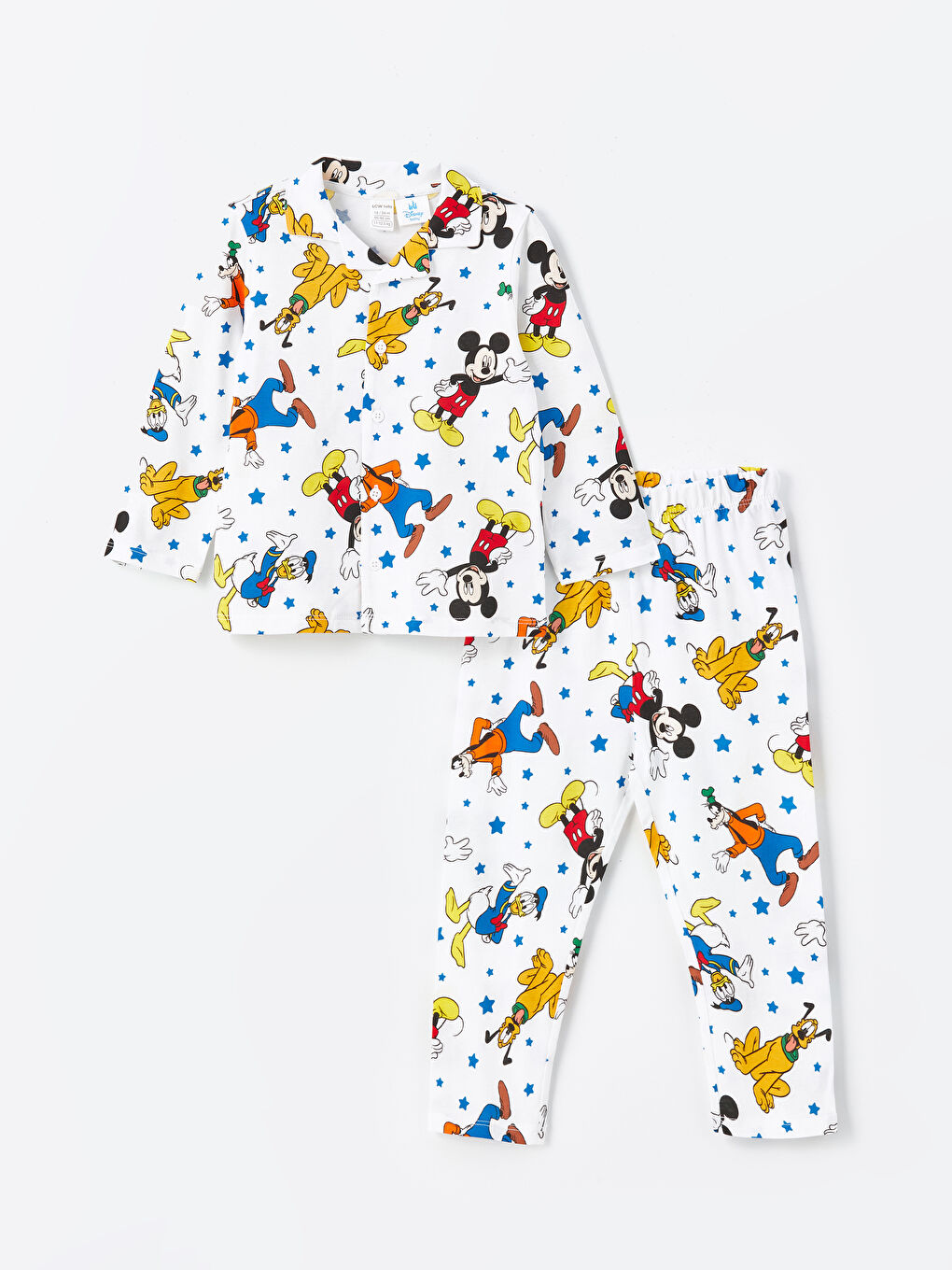 LCW baby Ekru Baskılı Polo Yaka Uzun Kollu Mickey Mouse Baskılı Erkek Bebek Pijama Takımı