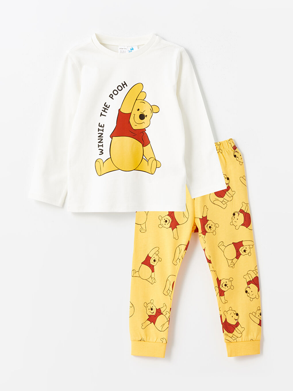 LCW baby Ekru Bisiklet Yaka Uzun Kollu Winnie the Pooh Baskılı Erkek Bebek Pijama Takımı