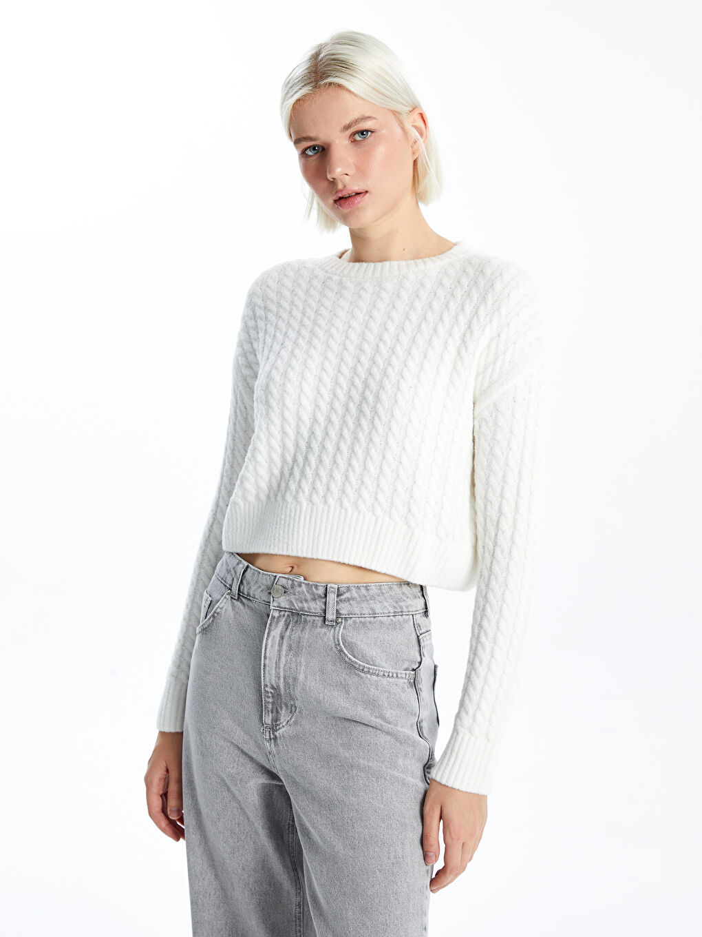 XSIDE Rundhalsausschnitt Crop Damen Strickpullover -W47668Z8-R9J