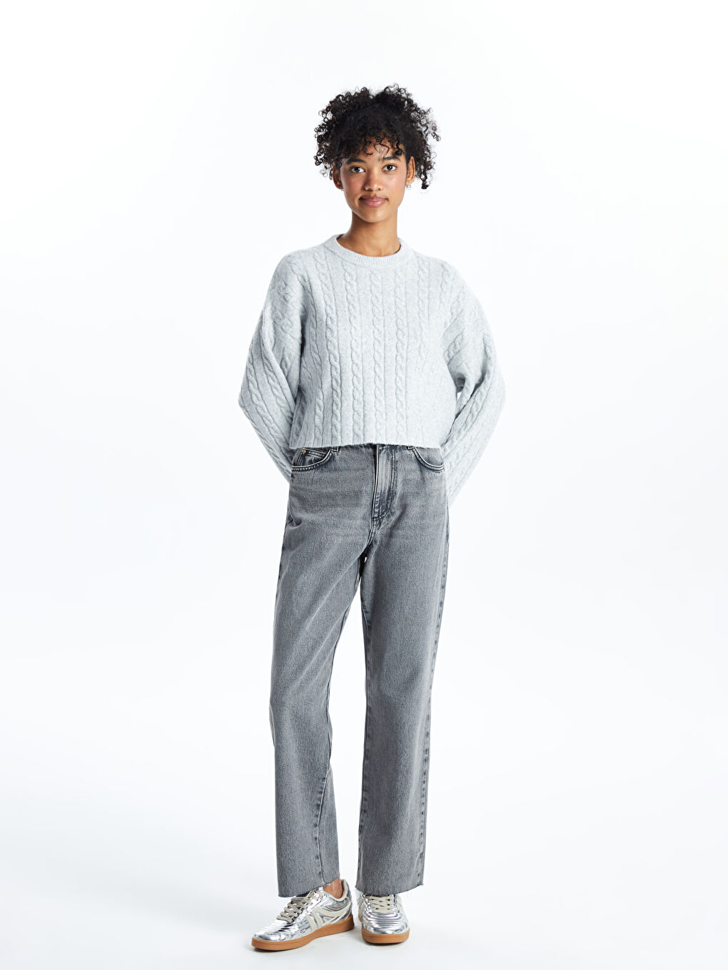 Crew Neck Self-Patterned Women's Knitwear Sweater -W47670Z8-YHA