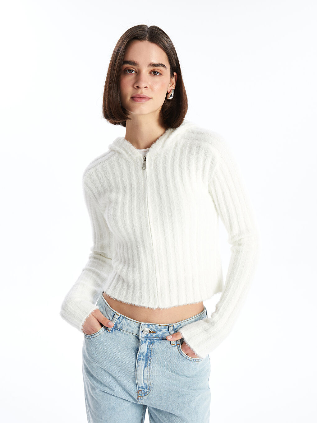 Hooded Plain Long Sleeve Women's Knitwear Cardigan-1