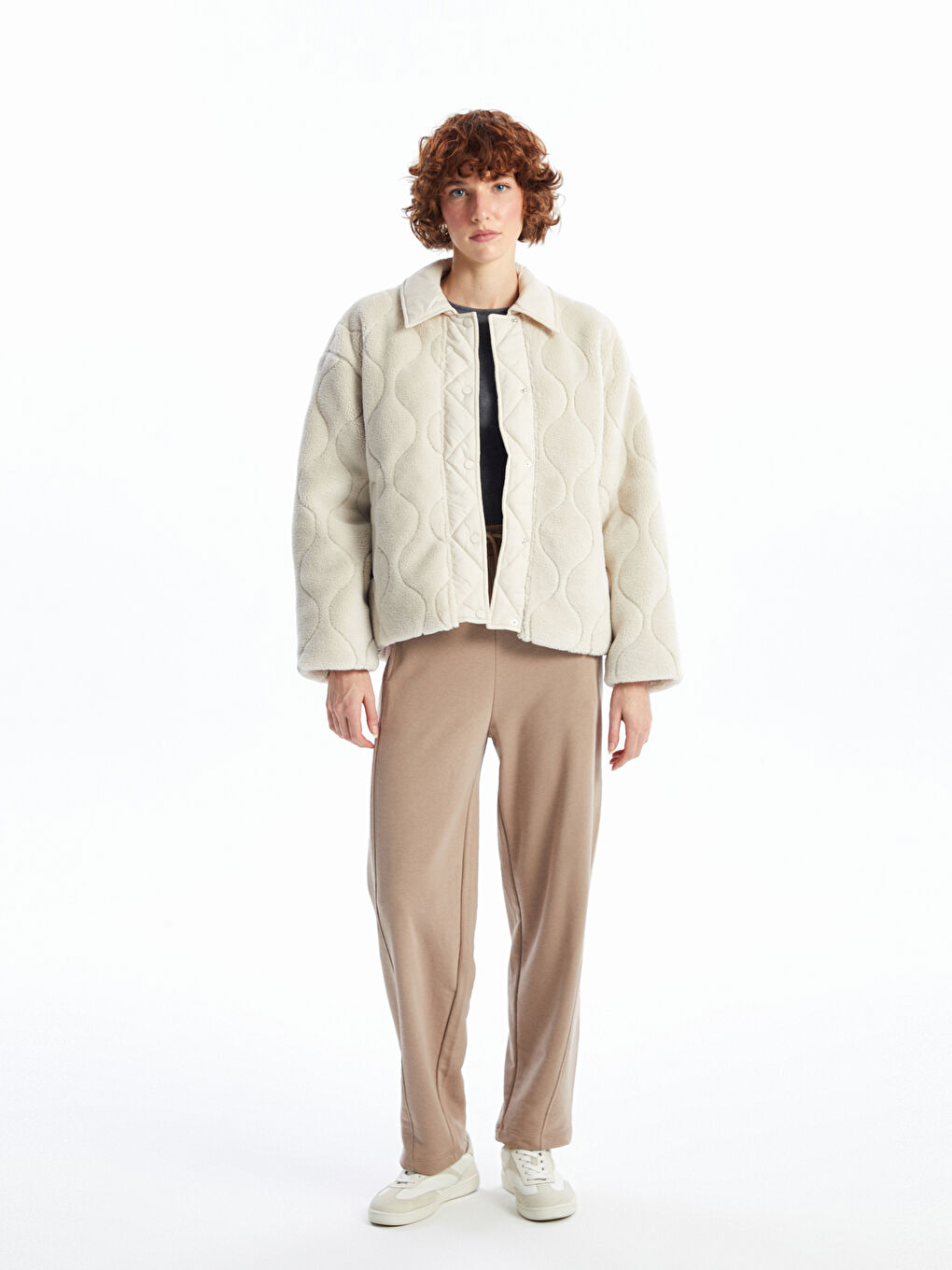 Пальто из тедди с отложным воротником и стёганым узором для женщин-1