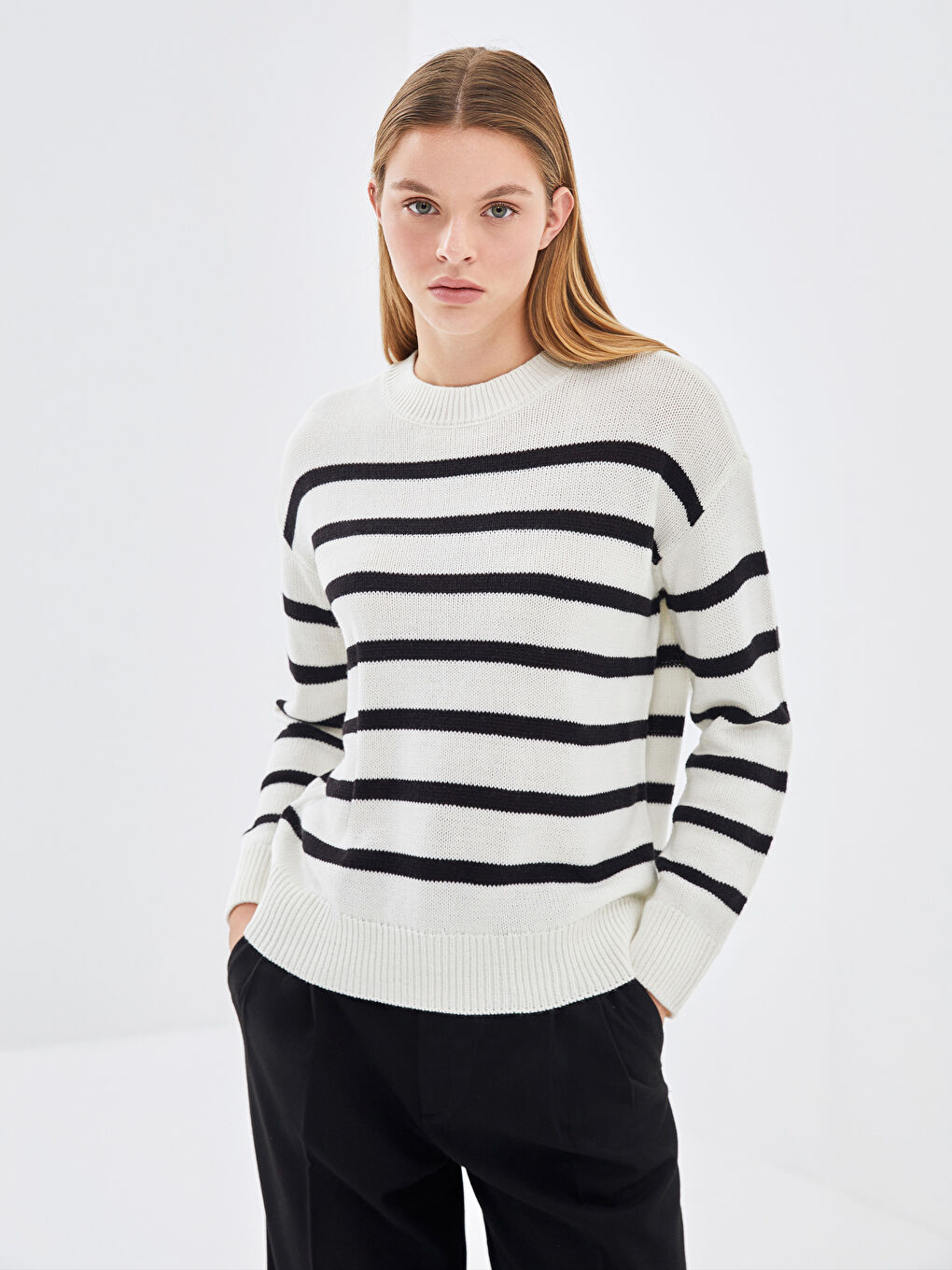 Crew Neck Striped Long Sleeve Oversize Women's Knitwear Sweater