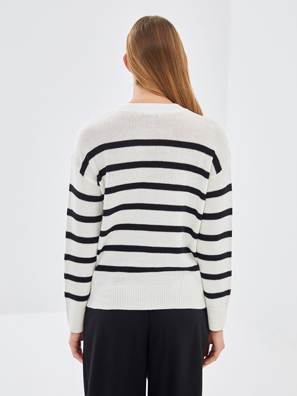Crew Neck Striped Long Sleeve Oversize Women's Knitwear Sweater-3