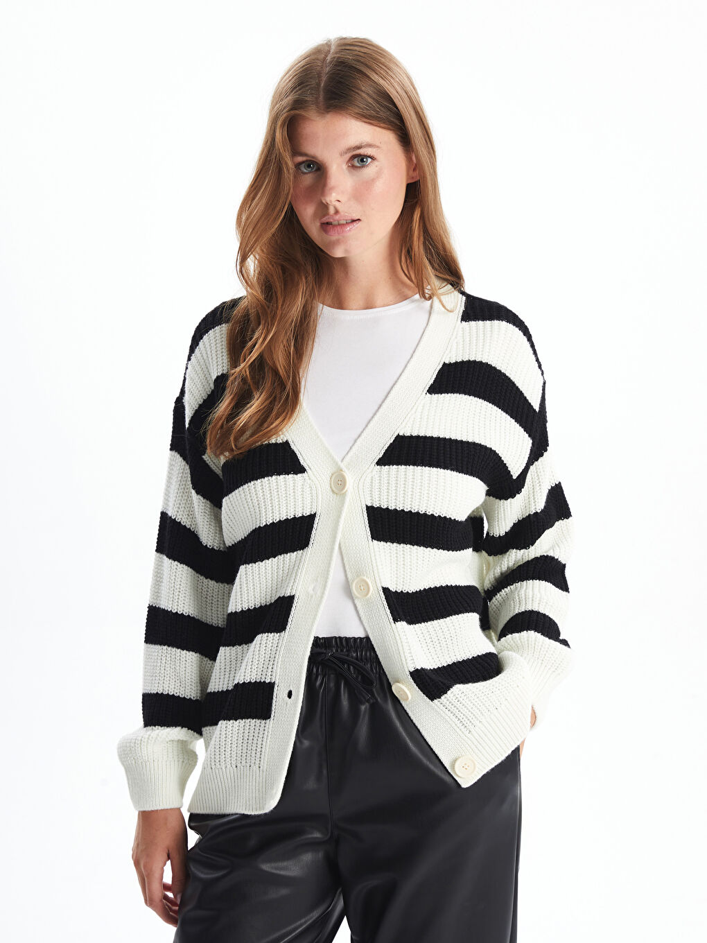 LC Waikiki V Neck Color Block Long Sleeve Women's Knitwear Cardigan -W47873Z8-SZ5