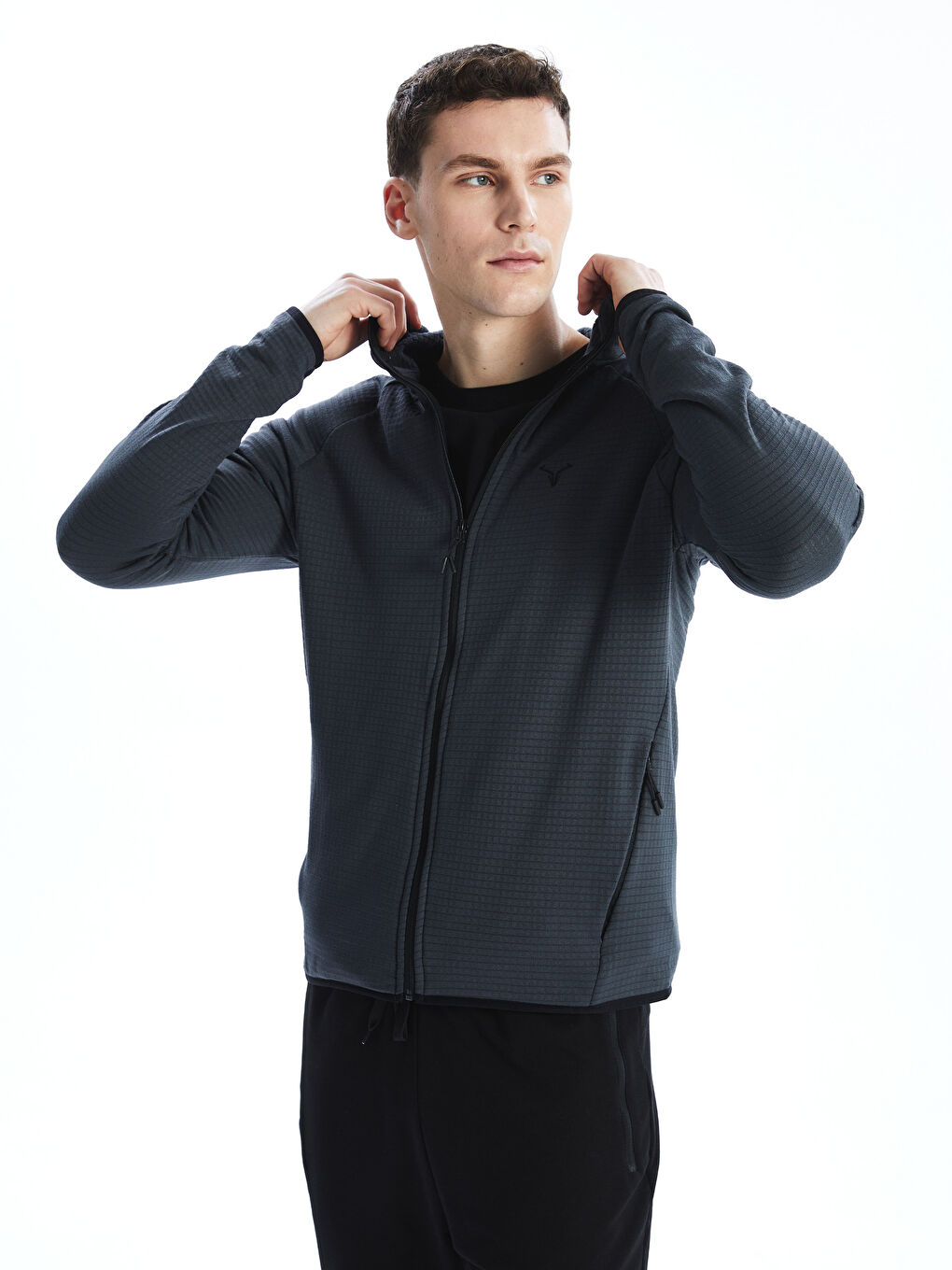 Gri Kapüşonlu Uzun Kollu Erkek Fermuarlı Sweatshirt