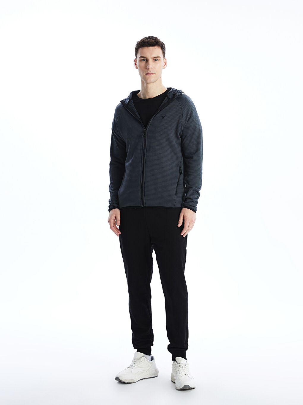 Gri Kapüşonlu Uzun Kollu Erkek Fermuarlı Sweatshirt-1