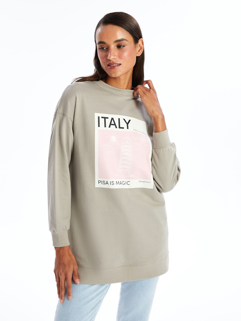 تونيك كنزة رياضية برقبة دائرية مطبوع بأكمام طويلة للسيدات