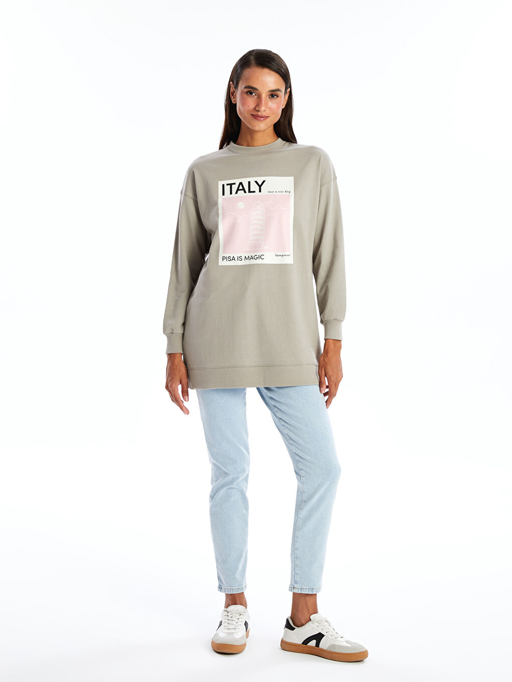 تونيك كنزة رياضية برقبة دائرية مطبوع بأكمام طويلة للسيدات-1